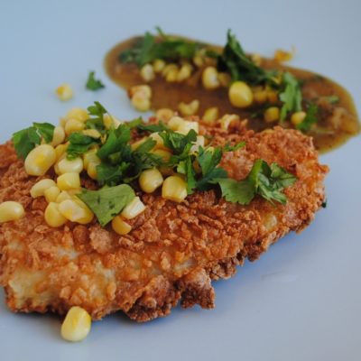 Corn Flake Crusted Fish Fillets with Roasted Tomatillo Sauce with Fried Corn