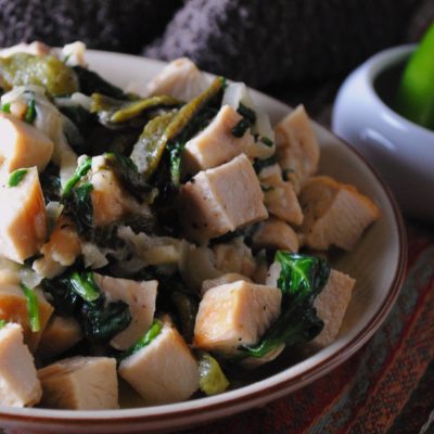Rick Bayless's Creamy Chicken and Greens with Roasted Poblano and Caramelized Onion