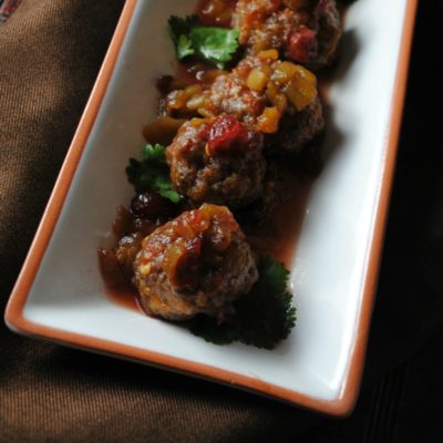 Sausage Balls with Cranberry-Green Chile Sauce