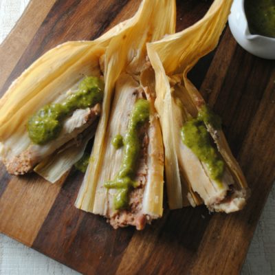 Bean Cheese and Potato Tamales with Roasted Poblano Salsa