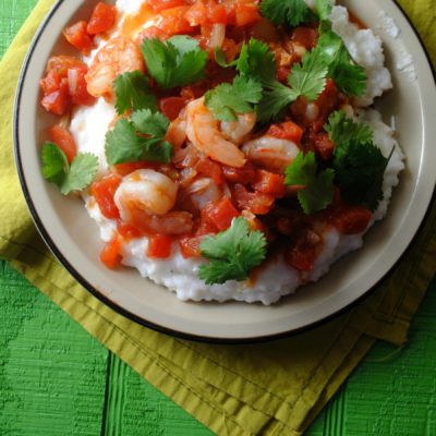 Spicy Shrimp over Pureed Hominy