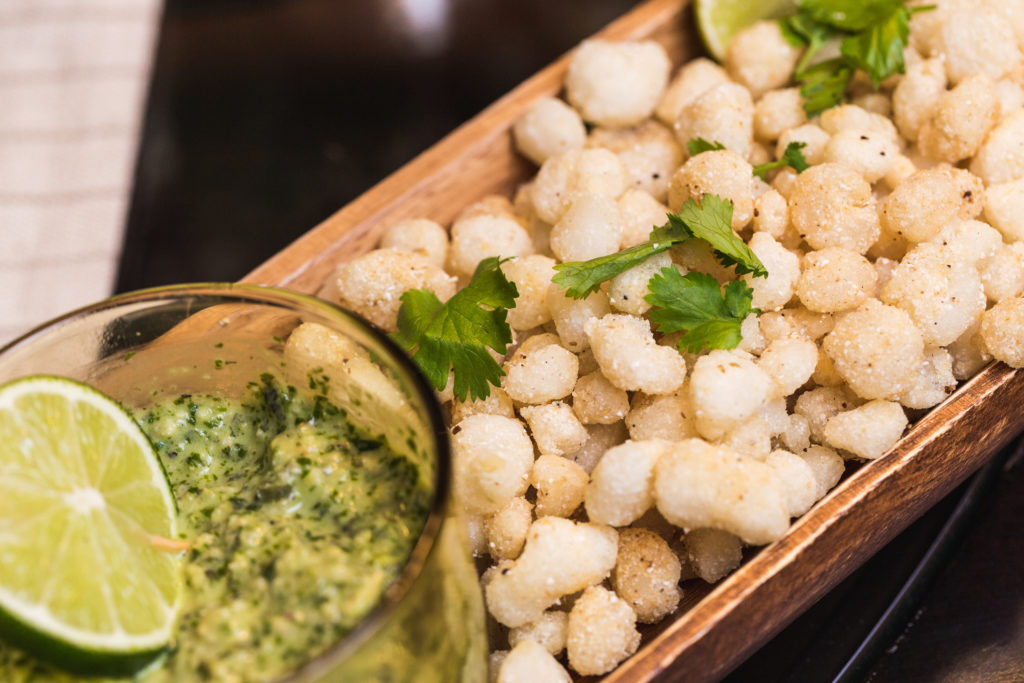 Fried Hominy with Cilantro Pepita Pesto Sweet Life