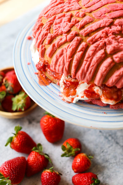 Concha Cake with Whipped Cream and Macerated Strawberries