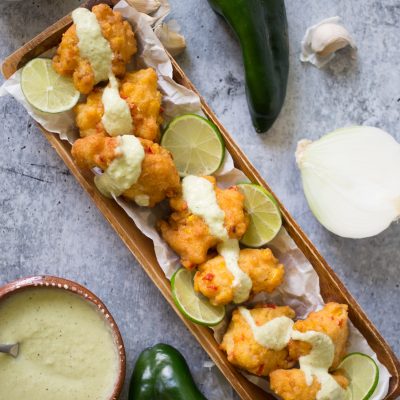 Shrimp Fritters with Poblano Cream Sauce