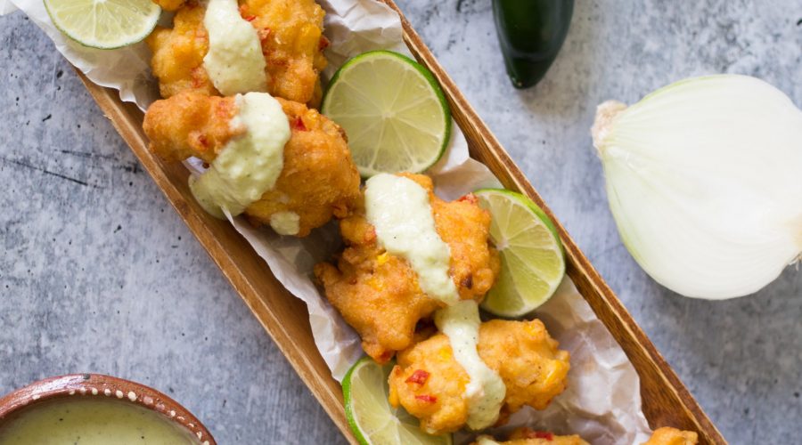 Shrimp Fritters with Poblano Cream Sauce