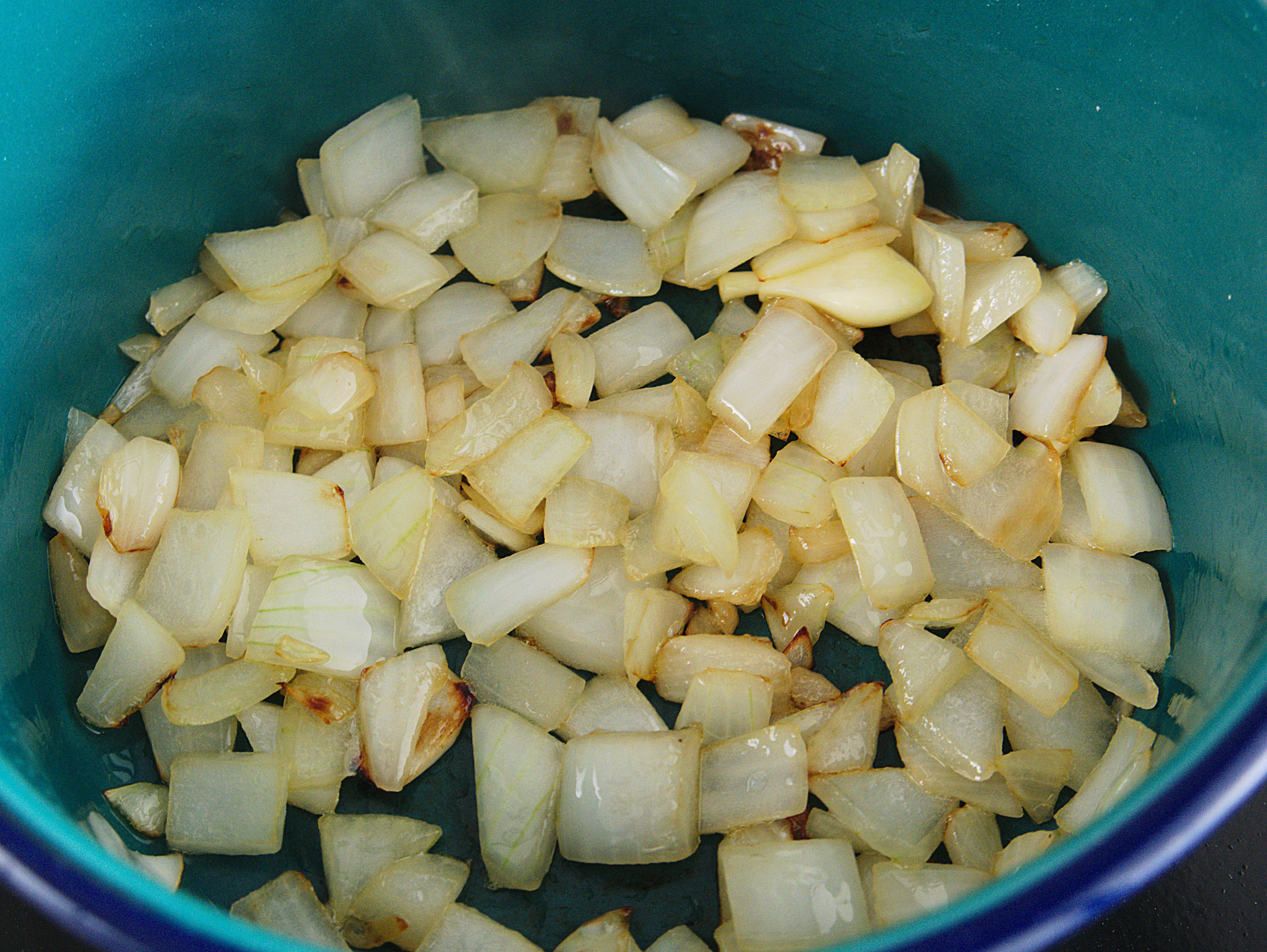 cooked onions garlic for hominy soup