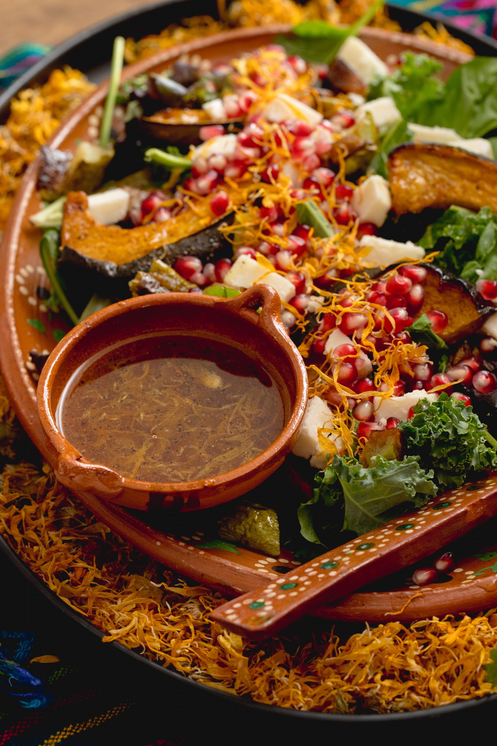 fall salad to honor the dead dia de los muertos Roasted Acorn & Chayote Squash Salad with Marigold Vinaigrette