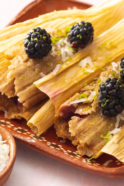 Blackberry Coconut Tamales with Lime Glaze